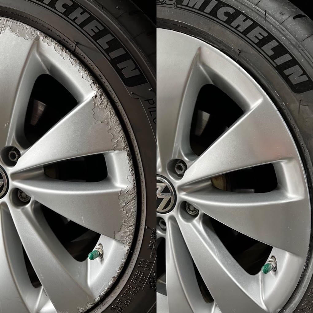 Silver Volkswagen alloy wheel with heavy curb rash around the rim before repair, next to the same wheel after repair